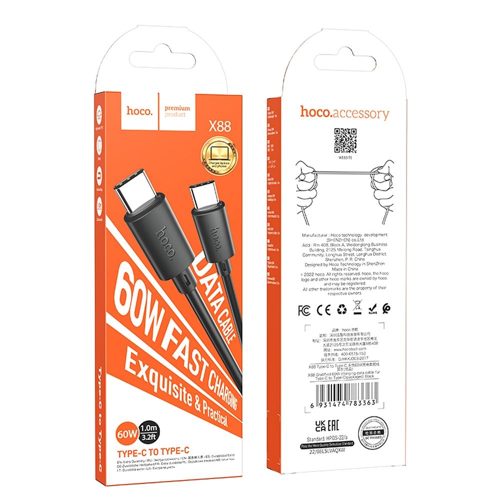 Cablu Date si Incarcare Power Delivery HOCO X88 PD Tip C - Tip C 1,0m - 3A , 60W - 480 Mb/s - Negru - imagine 3