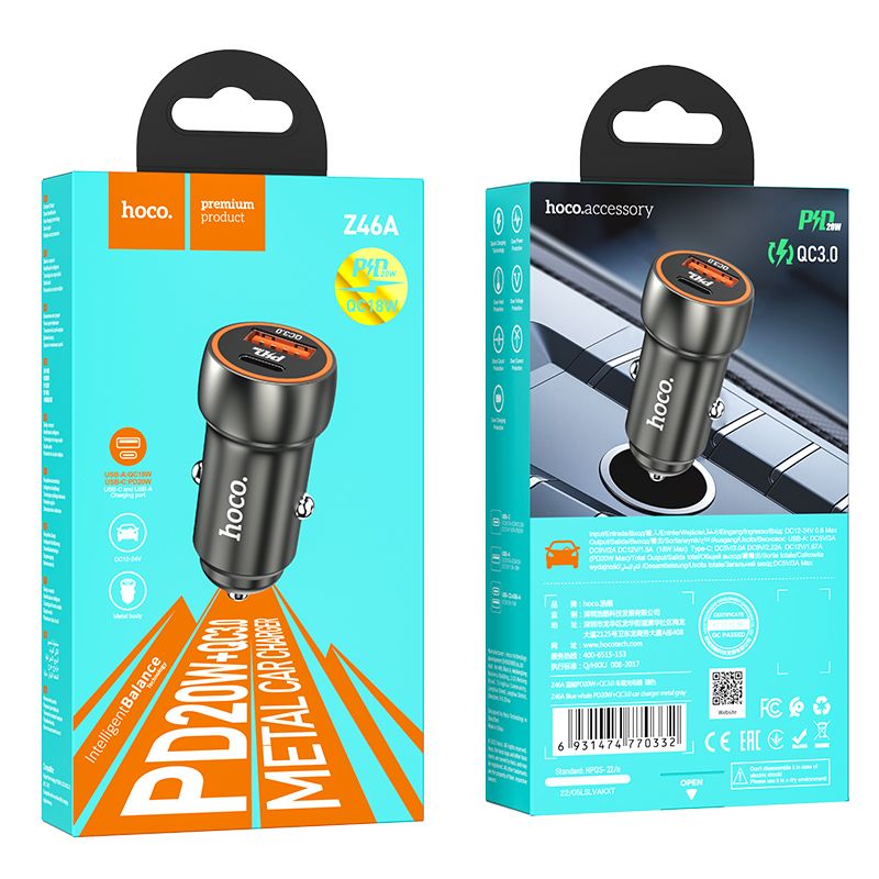 Incarcator Auto HOCO Z46A QC 3.0 PD 20W Gri