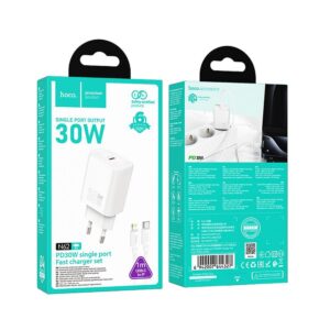Incarcator Priza HOCO N62 30W GaN + Cablu iPhone Alb