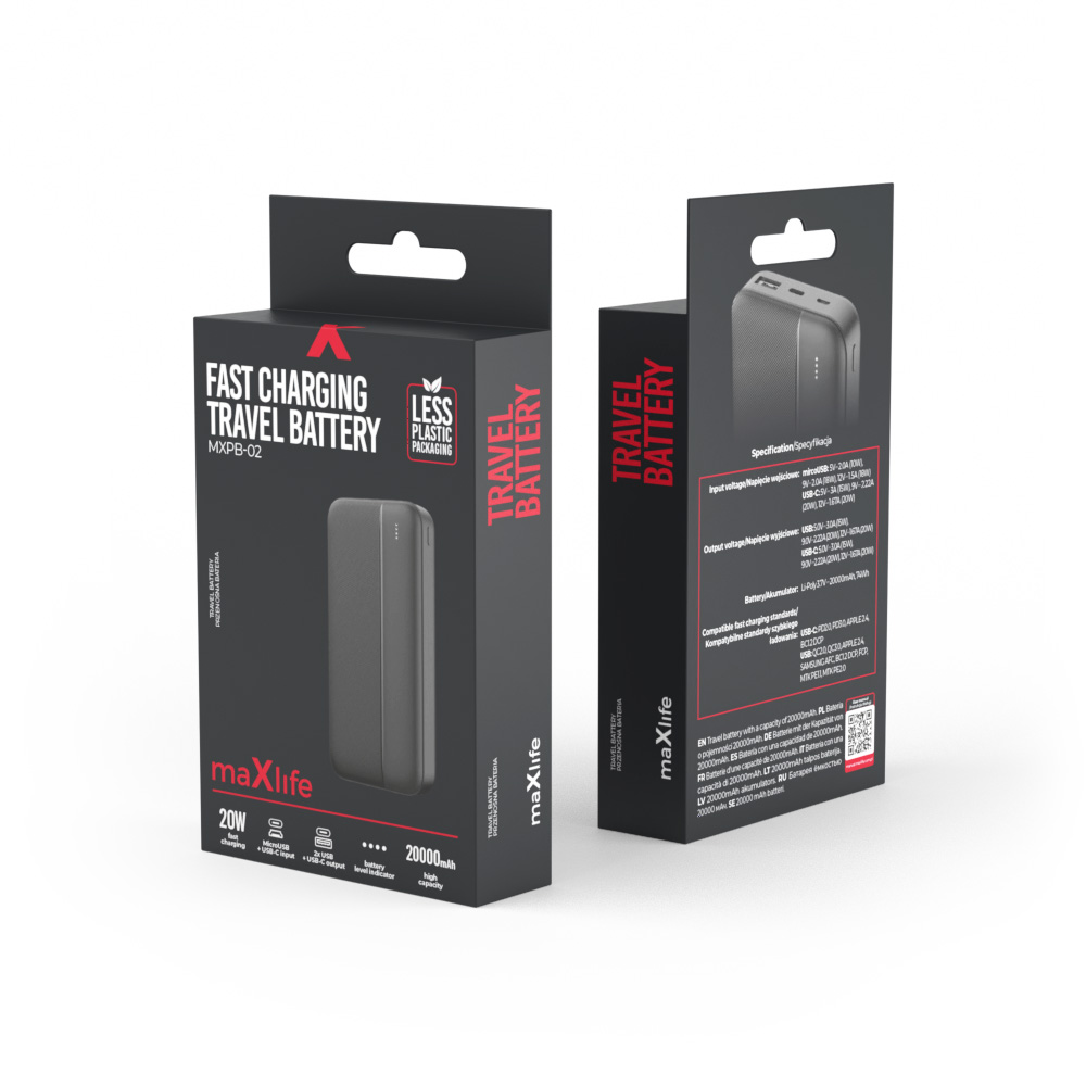 POWER BANK MXPB-02 Maxlife 20000 mAh 20W, QC + PD, 1 x USB-A - 1 x USB-C - Negru - imagine 3