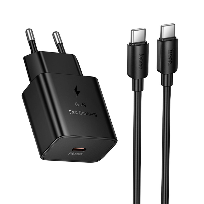 Incarcator Priza HOCO N76 25W + Cablu Tip C - PD, QC3, Super Fast Charge GaN 25W Negru - imagine 3