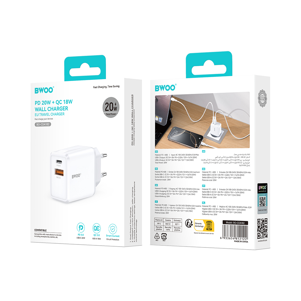 Incarcator Priza BWOO CDA182 (38w) 20W GaN - 1x USB QC3.0 18W 3A - 1x USB Tip C 20W GaN - Alb - imagine 3