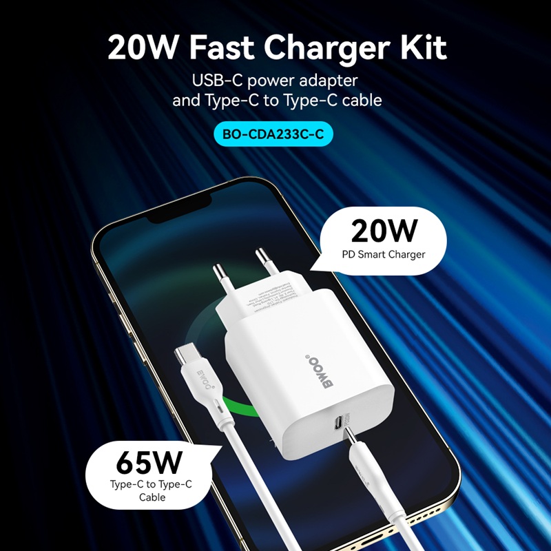 Incarcator Priza BWOO CDA233 PD 20W + Cablu Tip C - Tip C 65W - Adaptive Fast (Suporta Protocol APPLE seria 13, 14, 15, 16, 17, 18) 20W - imagine 4
