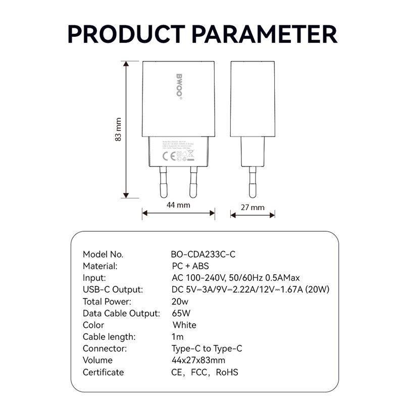 Incarcator Priza BWOO CDA233 PD 20W + Cablu Tip C - Tip C 65W - Adaptive Fast (Suporta Protocol APPLE seria 13, 14, 15, 16, 17, 18) 20W - imagine 8