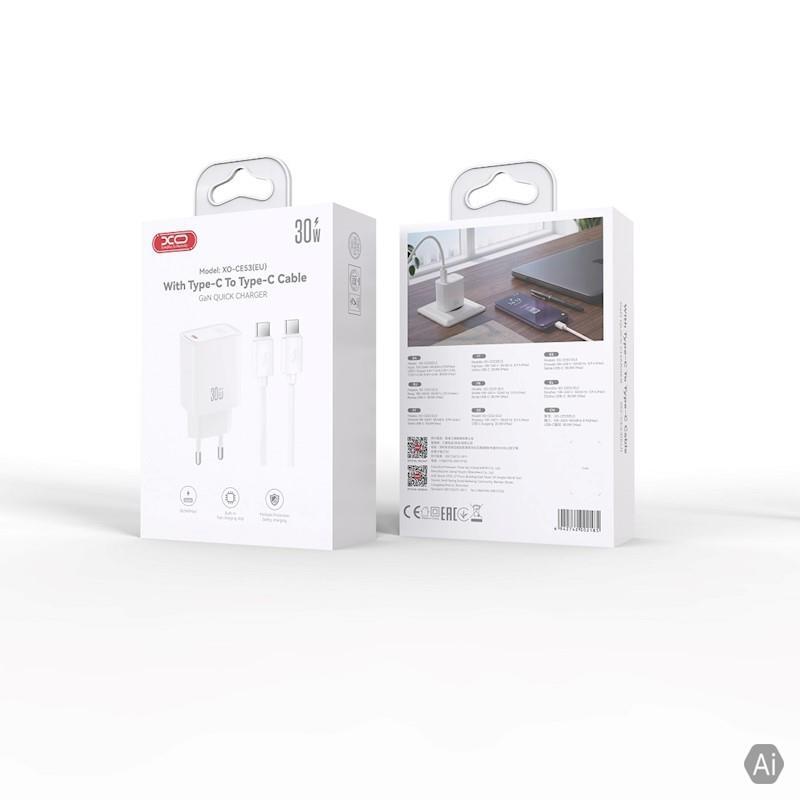 Incarcator Priza XO CE53 PD 30W + Cablu Tip C - Tip C, Super Fast Charge GaN 30W Alb - imagine 6