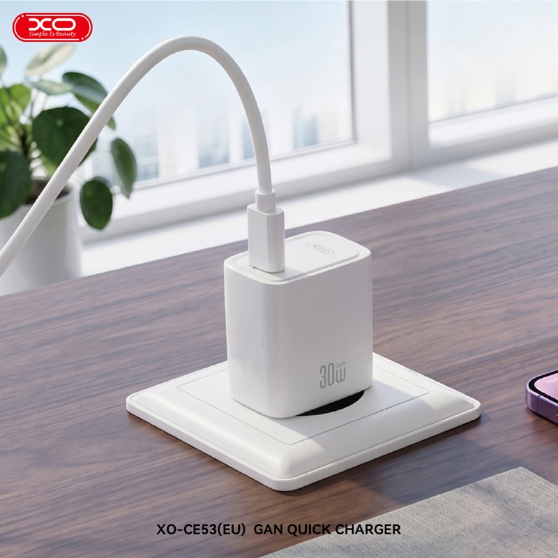 Incarcator Priza XO CE53 PD 30W + Cablu Tip C - Tip C, Super Fast Charge GaN 30W Alb - imagine 5