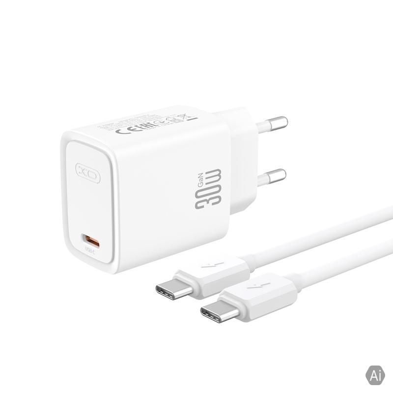 Incarcator Priza XO CE53 PD 30W + Cablu Tip C - Tip C, Super Fast Charge GaN 30W Alb