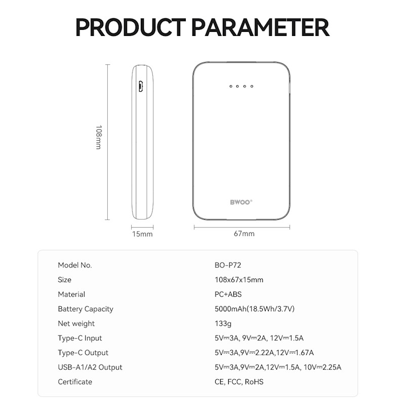 POWER BANK BWOO P72 - QC 22,5W PD 20W 5000 mAh, 2 x USB-A + 1 x USB-C Negru - imagine 5